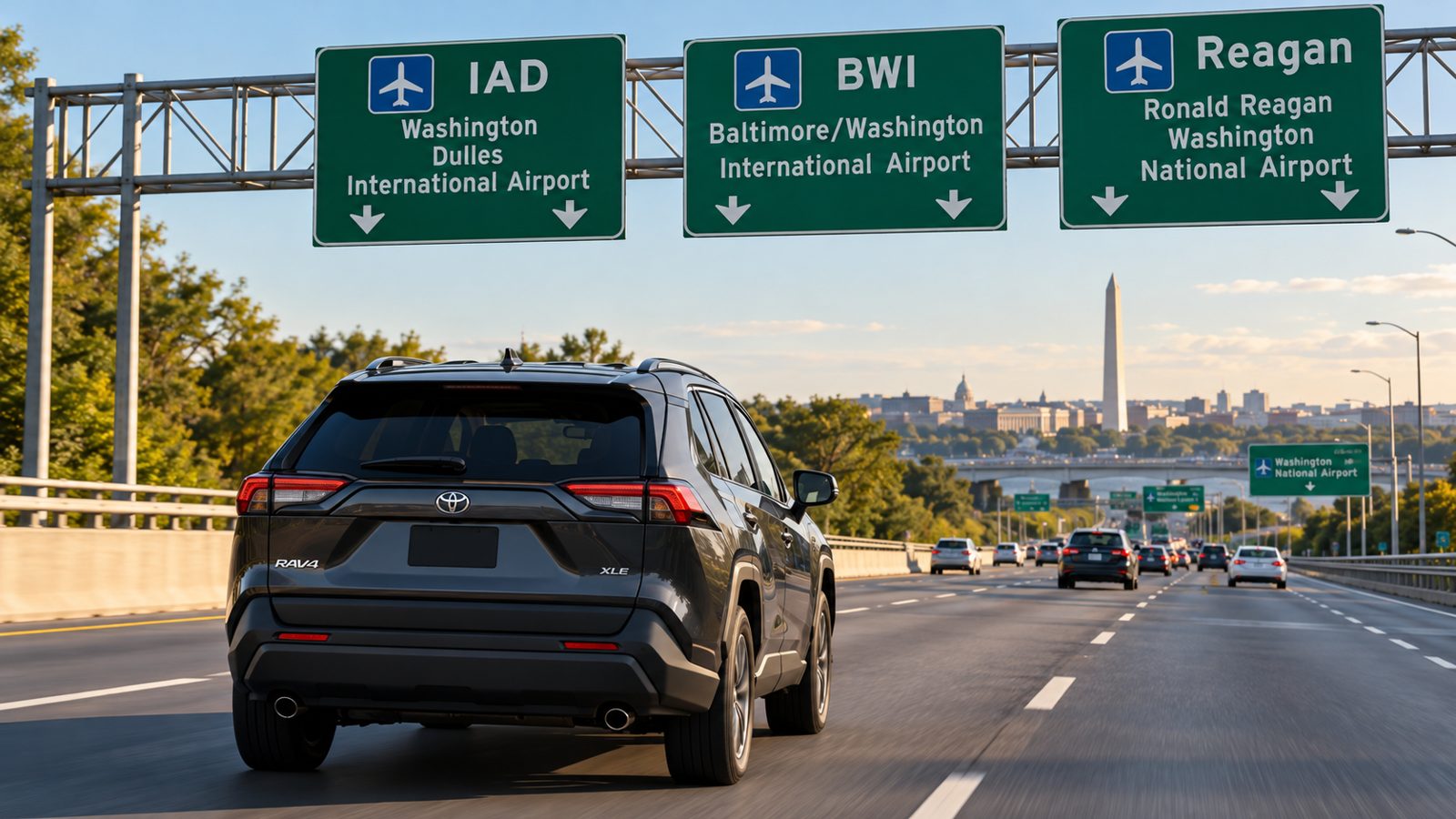 Airport ride on the highway to BWI, Dulles and Reagan airports